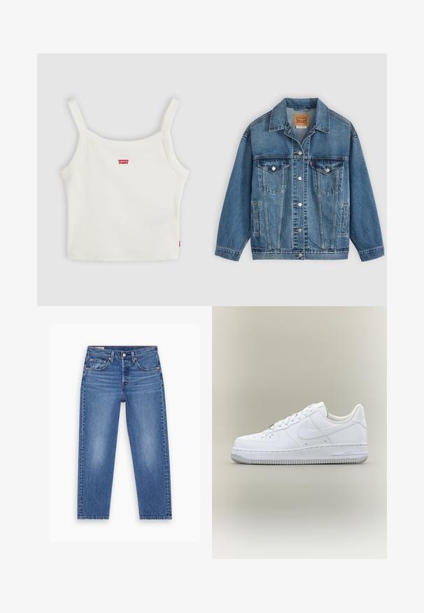 Veste en jean bleu avec fermeture à boutons à l'avant, deux poches poitrine avec boutons, poches latérales et col, posée à plat sur un fond clair.; Crop top blanc côtelé avec fines bretelles et petit logo Levi's rouge au centre devant et sur la couture latérale.; Jean droit taille haute bleu avec bouton avant, fermeture éclair et design à cinq poches, présenté à plat sur un fond blanc.; Baskets blanches basses Nike Air Force 1 avec lacets, bout perforé et semelle en caoutchouc texturée sur fond neutre.