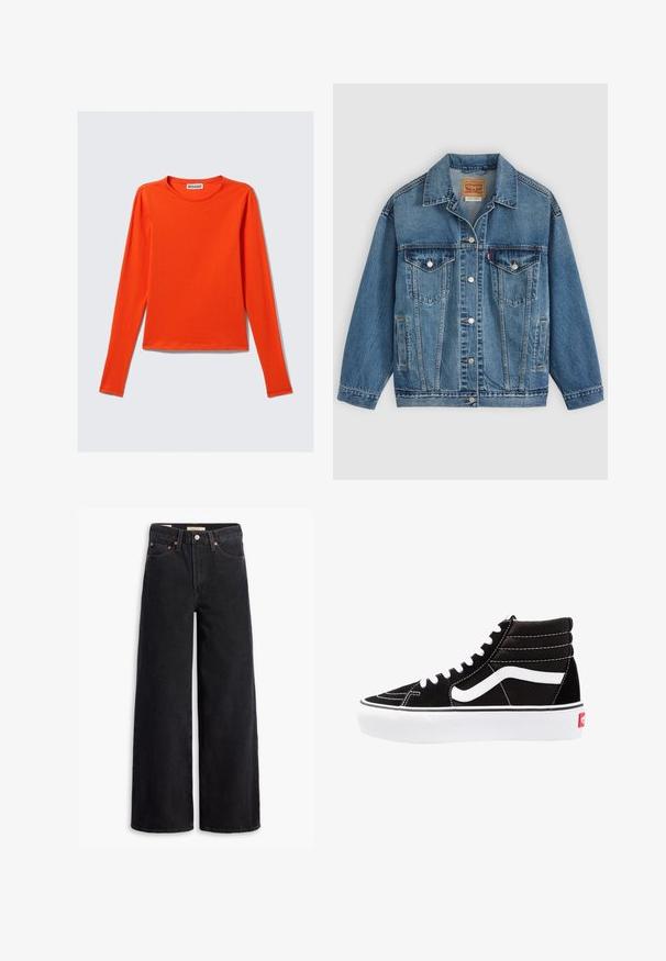 Veste en jean bleu avec fermeture à boutons à l'avant, deux poches poitrine avec boutons, poches latérales et col, posée à plat sur un fond clair.; T-shirt à manches longues et col rond de couleur orange vif, fabriqué en tissu de coton doux, avec une coupe droite et un design épuré.; Jean noir à jambe large en denim, comportant cinq poches, des rivets en laiton et une fermeture à bouton classique. Texture lisse avec un design épuré.; Baskets montantes noires avec des lacets blancs, un logo blanc et des coutures blanches contrastées. Dotées d'une épaisse semelle blanche et d'un dessus en daim texturé.
