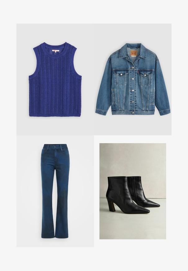 Blaue Denimjacke mit Knopfleiste vorne, zwei Brusttaschen mit Knöpfen, Seitentaschen und einem Kragen, flach auf einem hellen Hintergrund ausgelegt.; Gestricktes ärmelloses Top in lebhaftem Lila, mit einem strukturierten Muster, rundem Ausschnitt und gerippten Kanten.; Dunkelblaue, ausgestellte Denim-Jeans mit leichtem Wasch-Effekt, mit einer vorderen Knopfschließe, Gürtelschlaufen und zwei vorderen Taschen.; Schwarze Leder-Stiefeletten mit spitzem Zehenbereich, strukturiertem Finish und Blockabsatz. Seitlicher Reißverschluss. Glatte Oberfläche und schlankes Design.