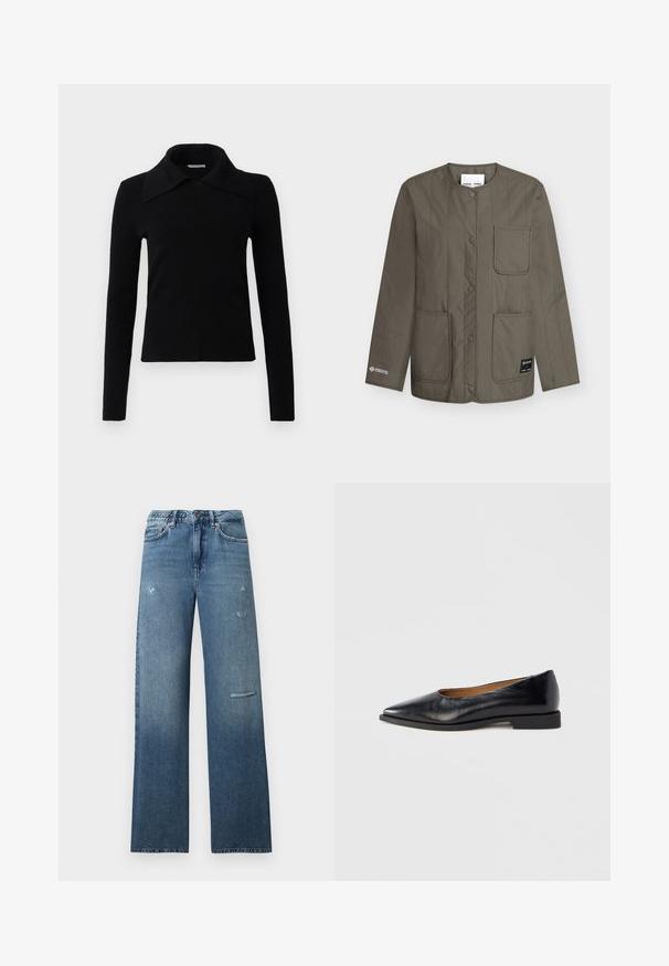 Veste matelassée vert olive avec fermeture à boutons-pression, encolure ronde, trois poches avant et étiquette en tissu Windstopper sur la manche et l'ourlet.; Top noir à manches longues en tissu doux, avec un grand col pointu et une coupe ajustée. Texture lisse avec peu de détails.; Jean en denim bleu avec une coupe droite, des détails usés et un ourlet net. Le tissu présente un léger effet de dégradé délavé.; Chaussure plate en cuir noir avec un bout pointu et un petit talon carré. Texture lisse, design minimaliste, sans éléments métalliques visibles ni motifs.