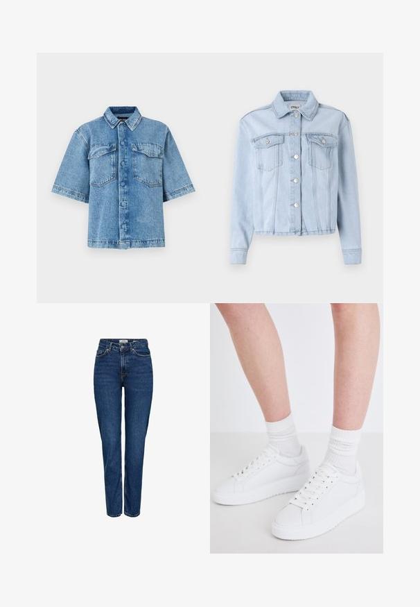 Veste en denim bleu clair avec un col, fermeture à boutons sur le devant et deux poches poitrine. Elle présente des manches longues et des poignets ourlés.; Chemise en denim à manches courtes de couleur bleu clair, dotée d'un col évasé, de deux poches poitrine et d'une fermeture à boutons sur le devant, avec une coupe décontractée et des coutures visibles.; Jean en denim bleu foncé avec une coupe droite, taille haute, cinq poches, coutures claires et une finition texturée subtile.; Copenhagen Studios CPH72 - Baskets basses - white