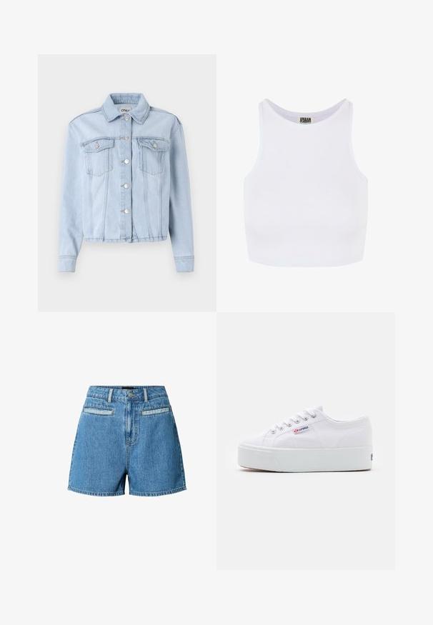 Veste en denim bleu clair avec un col, fermeture à boutons sur le devant et deux poches poitrine. Elle présente des manches longues et des poignets ourlés.; Débardeur court blanc à côtes avec de larges bretelles et un col rond. Il présente une texture douce et un design minimaliste sans motifs.; Shorts en denim bleu taille haute avec fermeture à boutons sur le devant, passants pour ceinture et deux poches horizontales à l'avant sur fond blanc.; Baskets en toile blanches avec une épaisse semelle plateforme blanche, bout rond et œillets en métal pour les lacets. Logo de la marque affiché sur le côté.