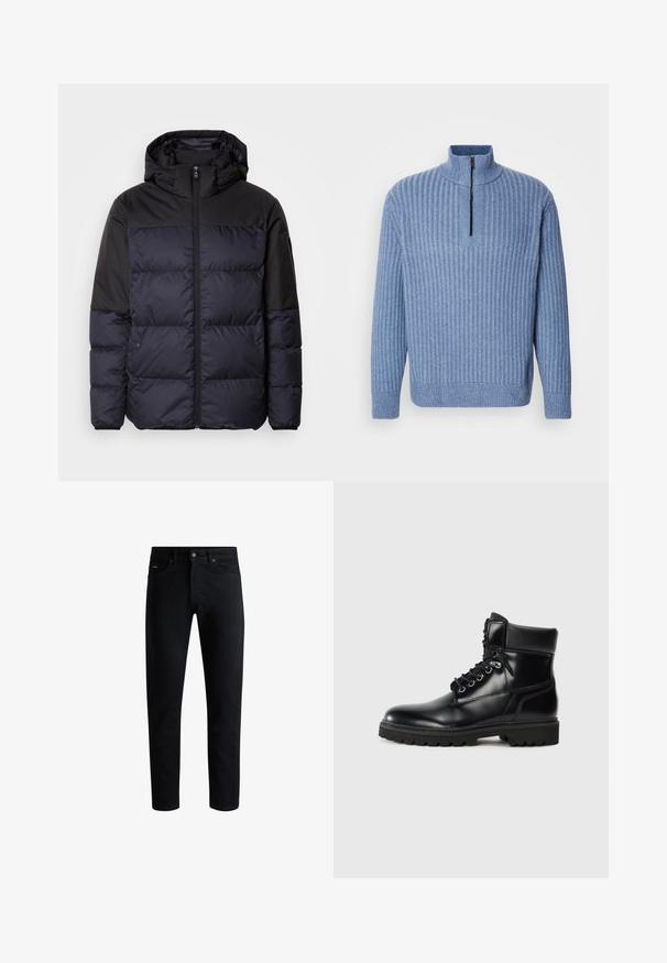 Mørkeblå puffjakke med sorte skuldre og hætte, med lynlås foran, quiltet paneldesign, og en lynlåslomme på ærmet.; Lyst blå ribbestrikket sweater med opretstående krave og en delvis lynlås ved halsen; har lange ærmer og en lige kant.; Sorte slim-fit jeans med fem lommer, knaplukning og bæltestropper, præsenteret mod en hvid baggrund.; Sort læder ankelstøvle med en blank finish, snørelukning, polstret krave og en robust gummisål med skridgreb.