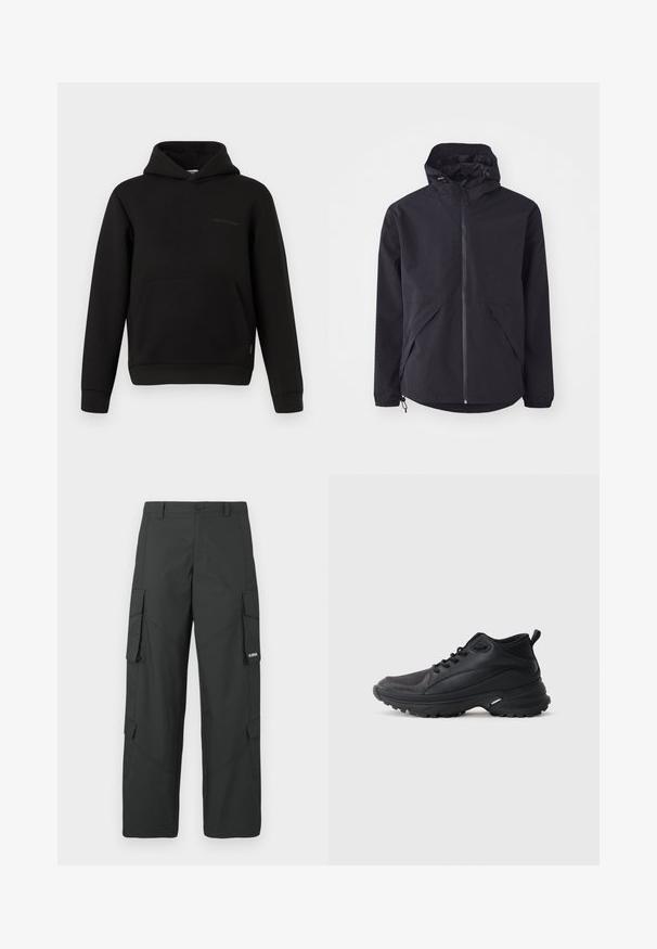 Zwarte lichtgewicht jas met capuchon, voorkant met rits en twee zijzakken. Heeft elastische manchetten en een verstelbare zoom voor een goede pasvorm.; Zwarte hoodie met een voorzak, lange mouwen en een kleine horizontale naaddetail op de linkerborst tegen een witte achtergrond.; Zwarte cargo broek met rechte pijpen, zijflapzakken, knoopsluiting, riemlussen en een klein wit logo op de flap van de rechterzak.; Zwarte sportschoenen gemaakt van synthetisch materiaal. Voorzien van een gevoerde kraag, ronde neus, stevige buitenzool met grip en merkembleem.