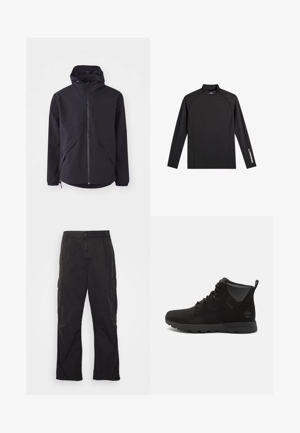 Zwarte lichtgewicht jas met capuchon, voorkant met rits en twee zijzakken. Heeft elastische manchetten en een verstelbare zoom voor een goede pasvorm.; Zwart sporttopje met lange mouwen, opstaande kraag, slim fit en witte "J.Lindeberg"-logo op linkerarm en kraag.; Zwarte cargobroek met een rechte pijpontwerp, voorzien van twee zijzakken, een knoopsluiting en een gestructureerde stof.; Zwarte hoge laarzen van suède en synthetische materialen, met een gestructureerd oppervlak, vetersluiting en rubberen zool met grip.