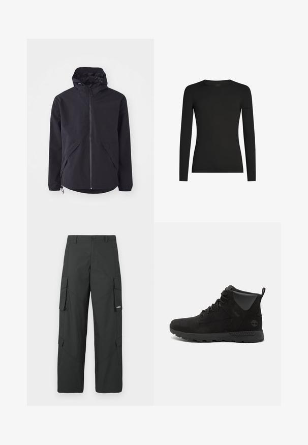 Schwarze, leichte Jacke mit Kapuze, frontseitigem Reißverschluss und zwei seitlichen Taschen. Mit elastischen Bündchen und verstellbarem Saum für eine optimale Passform.; Schwarzes, langärmeliges, figurbetontes T-Shirt mit Rundhalsausschnitt und dezentem Icebreaker-Logo auf dem linken Ärmel, dargestellt vor weißem Hintergrund.; Schwarze gerade Cargo-Hosen mit seitlichen Klappentaschen, Druckknopfverschluss, Gürtelschlaufen und kleinem weißen Logo auf der Klappentasche rechts.; Schwarze High-Top-Stiefel aus Wildleder und synthetischen Materialien, mit einer strukturierten Oberfläche, Schnürdesign und Gummisohle mit Grip.