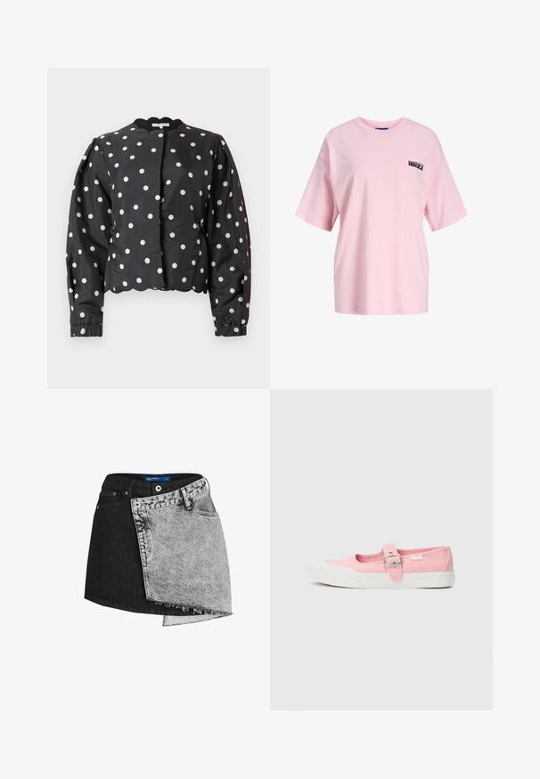 Chaqueta de satén negro con lunares blancos, fruncida en las mangas, escote con borde en forma de ondas y corte cropped, con una textura suave.; Camiseta de manga corta de color rosa claro con escote redondo y texto negro "Bienvenido a España IBIZA" en el pecho superior izquierdo.; Falda de mezclilla con un diseño en bloques de color negro y gris, dobladillo sin terminar y una cinturilla ajustada con cierre de botón.; Zapatilla de lona rosa con suela plana, que presenta una correa y hebilla en la parte media del pie. Suela de goma blanca con un diseño limpio y simple.
