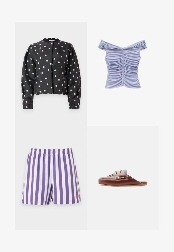 Veste en satin noir à pois blancs, froncée aux manches, col festonné et coupe courte, avec une texture lisse.; Haut lilas à épaules dénudées froncé avec un col torsadé et un détail de tissu froncé au centre devant et aux manches.; Shorts à rayures verticales violet et blanc avec taille élastique et petit logo rouge en bas de la jambe droite.; Mocassin à enfiler en cuir marron avec couture moc toe, œillets dorés et détail de lacet décoratif sur le côté, semelle plate, profil latéral.