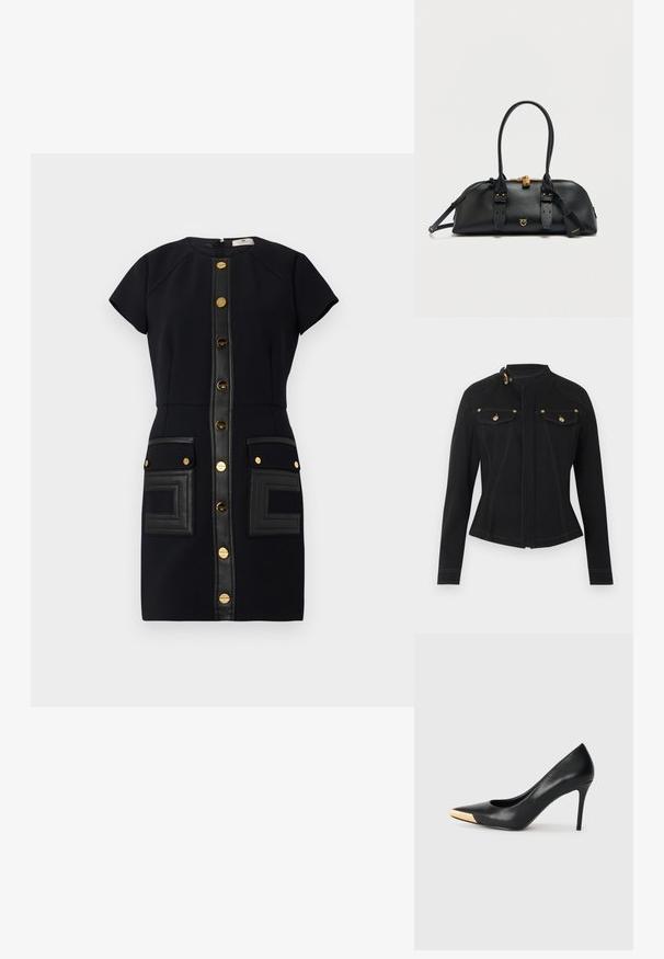 Chaqueta ajustada negra con mangas largas, cuello alto con hebilla dorada, bolsillos delanteros con solapa y botones dorados, y costuras blancas visibles.; Vestido negro con mangas cortas, botones dorados y detalles de cuero. Presenta dos bolsillos de parche con un detalle texturizado.; Zapato de tacón alto de cuero negro con puntera afilada; presenta un detalle metálico dorado en la tapa del tacón. Superficie lisa con un diseño elegante.; Bolso de cuero negro con forma redondeada, herrajes dorados, dos asas y correa para el hombro desmontable. Cuenta con logotipo y cierre de cremallera.