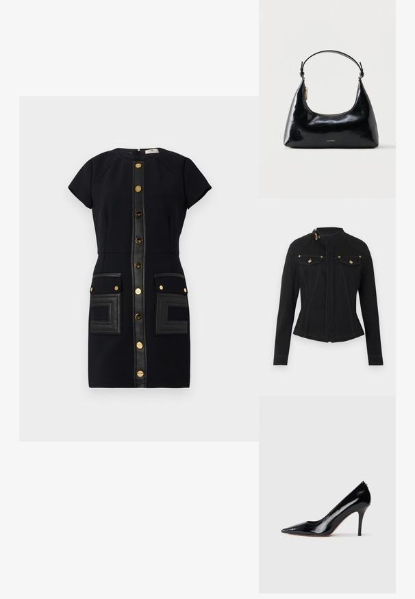 Chaqueta ajustada negra con mangas largas, cuello alto con hebilla dorada, bolsillos delanteros con solapa y botones dorados, y costuras blancas visibles.; Vestido negro con mangas cortas, botones dorados y detalles de cuero. Presenta dos bolsillos de parche con un detalle texturizado.; Zapato de salón de charol negro con tacón alto y punta afilada, con textura suave y tacón de aguja delgado. Sin herrajes visibles.; Bolso negro brillante de Calvin Klein con cremallera dorada y correa corta sobre un fondo blanco liso.