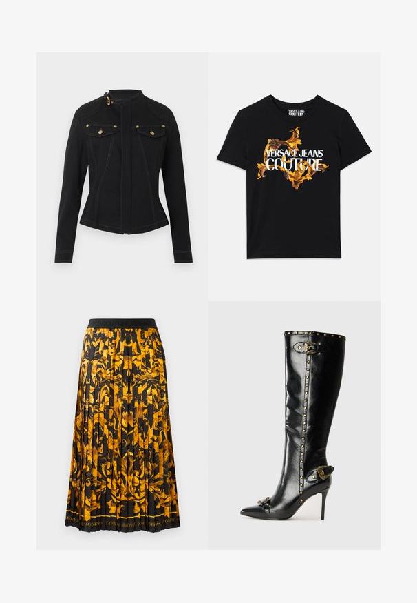 Sort tætsiddende jakke med lange ærmer, høj krave med guldlås, forlommer med klap og guldknapper samt synlige hvide syninger.; Sort bomulds t-shirt med hvid tekst "VERSACE JEANS COUTURE" og et overdådigt guld design omkring teksten, korte ærmer, rund halsudskæring.; Plisseret nederdel med et sort stof og et levende gyldent blomstermønster. Livremmen er sort med prægede bogstaver.; Sorte læder højhælede støvler med spids tå, guldfarvede nitter langs skaftet, metalspænde detalje og dekorativt element ved hælen.
