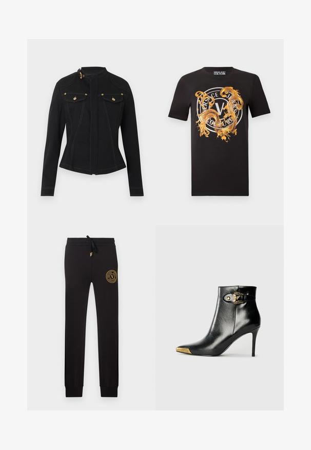 Chaqueta ajustada negra con mangas largas, cuello alto con hebilla dorada, bolsillos delanteros con solapa y botones dorados, y costuras blancas visibles.; Camiseta negra de manga corta con diseño de remolino ornamentado dorado y logo circular con la inscripción "Versace Jeans Couture" en el pecho.; Pantalones jogger negros de corte ajustado con cintura ajustable con cordón y parche con el logo dorado de Versace Jeans Couture en la parte superior del muslo izquierdo.; Botín negro hasta el tobillo fabricado en cuero brillante, con punta puntiaguda, tacón de aguja y detalles dorados con una hebilla decorativa.