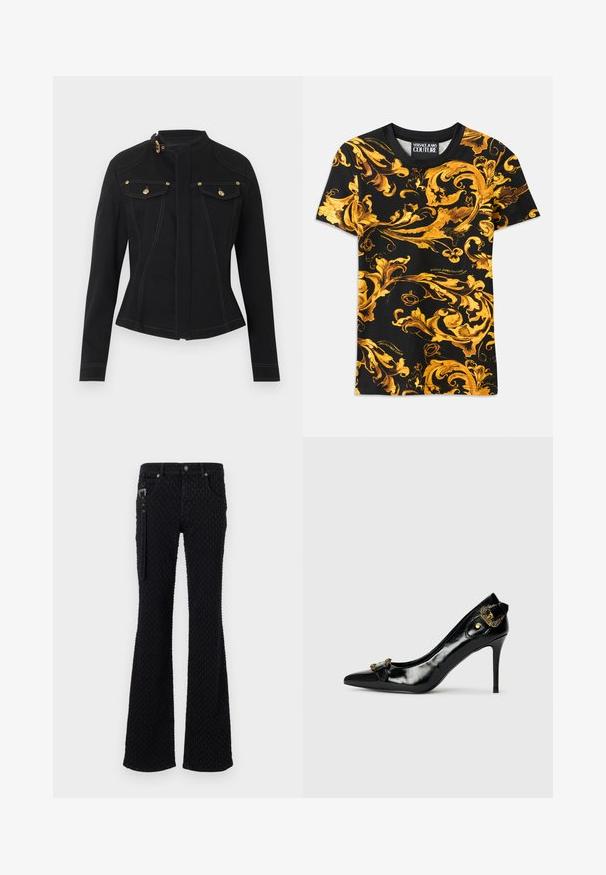 Veste noire ajustée à manches longues, col haut avec boucle dorée, poches à rabat avant avec boutons dorés et coutures blanches visibles.; T-shirt noir avec un motif baroque doré complexe, présentant des designs en volutes. Fabriqué en coton, à manches courtes, avec un détail de logo sur l'ourlet.; Jeans évasés noirs en tissu texturé avec un motif subtil, quincaillerie argentée et poches avant. Détail zippé sur le côté.; Chaussure à talon haut en cuir verni noir avec un bout pointu, un détail nœud à l'avant et un accent décoratif en métal doré à l'arrière.