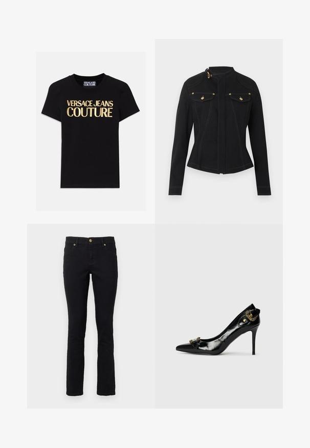 Musta istuva takki, jossa pitkät hihat, korkea kaulus kultaisella soljella, etutaskut kultaisin napituksin ja näkyvät valkoiset saumat.; Mustapaita, jossa on iso "VERSACE JEANS COUTURE" -teksti kultaisella värillä edessä, lyhyet hihat ja pyöreä kaula-aukko.; Mustat farkut, joissa on suora leikkaus, viisi taskua, nappikiinnitys ja kultaiset metalliosat. Pehmeä kappale, jossa on minimalismia. ; Mustat kiiltävät korkokengät, joissa on terävä kärki, etuosassa nauhat ja koristeellinen kultatonninen yksityiskohta takana.