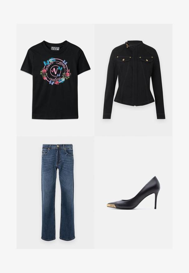 Sort tætsiddende jakke med lange ærmer, høj krave med guldlås, forlommer med klap og guldknapper samt synlige hvide syninger.; Sort T-shirt med et farverigt blomster- og sommerfuglgrafik, med pink og blå accenter. "Versace Jeans Couture" trykt i et cirkulært design.; Mørkeblå denim jeans med lige ben-design, der har fem lommer og metalknaplukning. Glat tekstur med lette falmede detaljer.; Sort læder højhælet pumpe med spids snude, guldmetalspids indgraveret med "Versace Jeans Couture," vist fra siden på hvid baggrund.