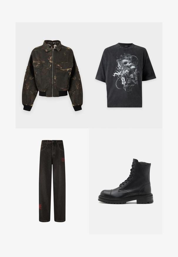 Donkergroene en bruine camouflage bomberjack met ritssluiting aan de voorkant, grote klep- en ritspotten, geribbelde manchetten en tailleband.; Zwart oversized T-shirt met korte mouwen met een grijze abstracte afbeelding van een vervormd gezicht en organische vormen aan de voorkant.; Zwarte denim broek met wijde pijpen, zichtbaar stiksel en rode geborduurde tekst. Voorzien van een klassieke knoopsluiting en riemlussen.; AllSaints HANK - Veterboots - black