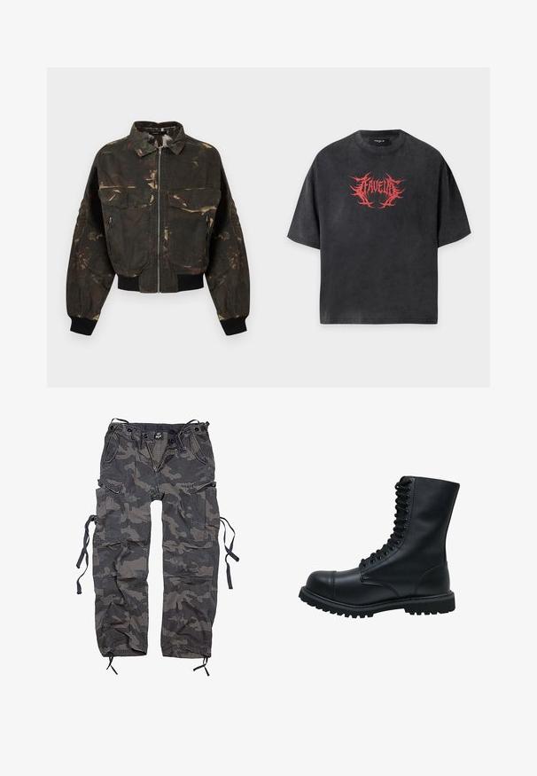 Tmavozelená a hnedá maskáčová bomber bunda s predným zipsom, veľkými vreckami s chlopňou a zipsom, rebrovanými manžetami a pásom.; Čierne oversized tričko s krátkym rukávom a červeným ostnatým textovým dizajnom uprostred na hrudi, na ktorom je napísané "FAVELA".; Maskáčové cargo nohavice v odtieňoch sivej a čiernej, vyrobené z látky s jemne textúrovaným povrchom. Obsahujú viacero vreciek a viazanie na spodnej časti.; Čierne kožené šnurovacie čižmy s okrúhlou špičkou, vysokým zvrškom, hrubou gumovou podrážkou a textúrovaným povrchom. Obsahujú zosilnené švy pozdĺž švov.