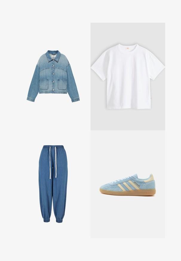 Veste en jean bleu clair avec col, fermeture boutonnée devant, manches longues et deux poches plaquées devant.; T-shirt en coton blanc à manches courtes, col rond, coupe décontractée, texture lisse, avec une petite étiquette logo sur la couture latérale gauche.; Pantalon de jogging en denim bleu avec taille élastique et poignets, avec des cordons blancs à la taille.; Baskets Adidas en daim bleu clair avec des bandes beiges et un empiècement au talon, semelle en gomme et marquage "SPEZIAL" sur le côté.