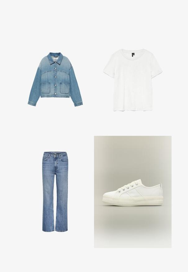 Veste en jean bleu clair avec col, fermeture boutonnée devant, manches longues et deux poches plaquées devant.; T-shirt blanc à manches courtes avec un col rond, fabriqué en tissu léger. Design simple, texture lisse et ourlet droit.; Jean en denim bleu taille haute avec jambes droites, fermeture à bouton et zip à l'avant, et design à cinq poches.; Baskets basses blanches avec semelle épaisse côtelée, lacets à l'avant et languette à l'arrière sur fond neutre.