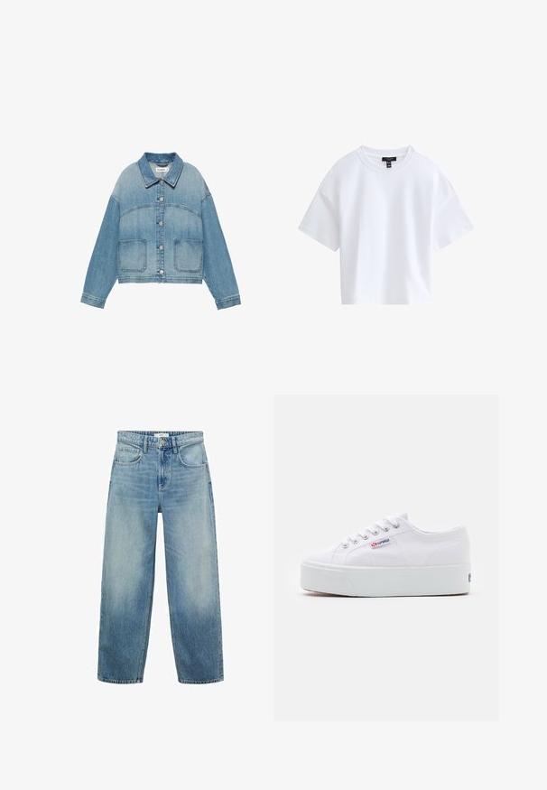 Lyseblå denimjakke med krave, knaplukning foran, lange ærmer og to forlommer med klap.; Simpel hvid kortærmet crop top med rund halsudskæring og sort mærke indeni kraven.; Lys blå denim bredbenede jeans med høj talje, fem lommer og knaplukning. Fadede mønster mod bunden.; Hvide canvas sneakers med en tyk hvid platformssål, rund tå og metaløjelets til snørebånd. Mærkets logo præsenteret på siden.