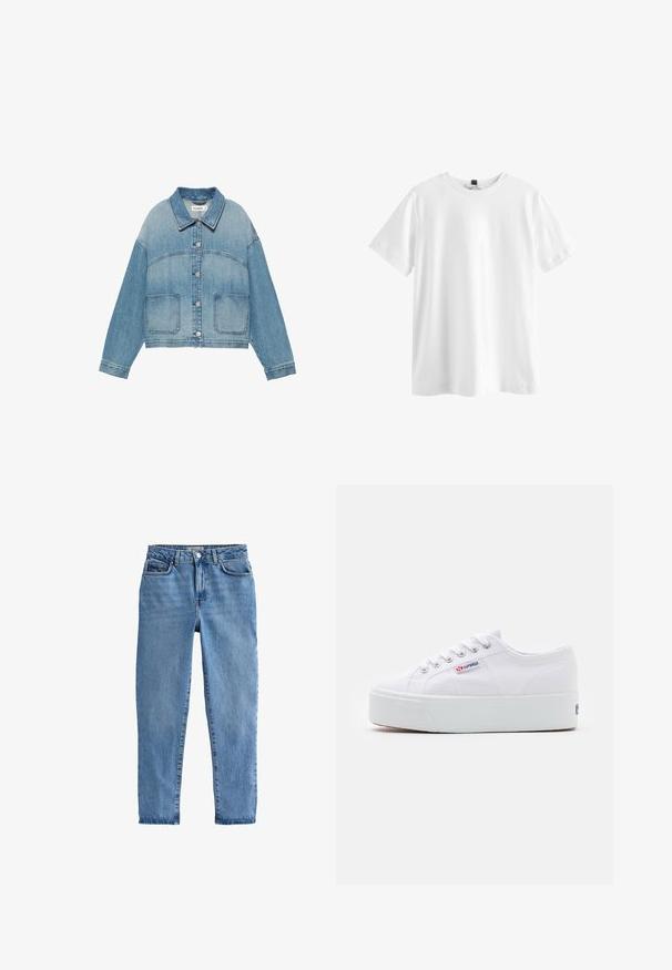 Lichtblauwe spijkerjas met kraag, knoopsluiting aan de voorkant, lange mouwen en twee voorzakken met klep.; Effen wit T-shirt met korte mouwen en ronde hals met een zwart label aan de binnenkant van de kraag, plat weergegeven op een witte achtergrond.; Lichtblauwe denim jeans met een hoge taille, recht gesneden pijpen, vijf zakken en een enkele knoopsluiting aan de voorkant.; Witte canvas sneaker met een dikke witte platformzool, ronde neus en metalen oogjes voor veters. Merkl logo aan de zijkant weergegeven.