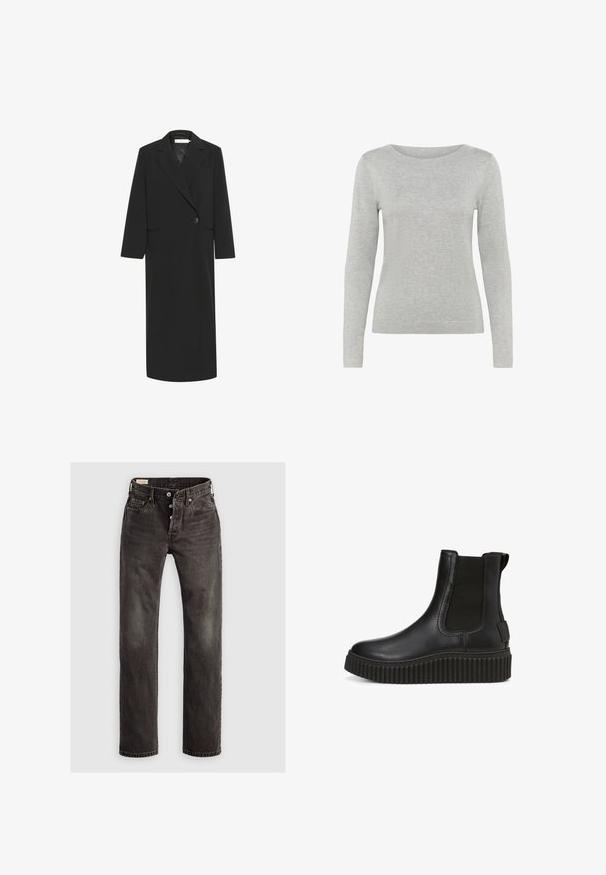 Schwarzer langer Blazer aus glattem Stoff, mit Reverskragen, Einschienenknopfverschluss und zwei seitlichen Taschen. Gerade geschnittene Ärmel und Saum.; Kaffe KALIZZA KNIT PULLOVER NO - Strickpullover - light grey melange; Dunkelgraue gerade Jeans aus Denim, mit Knopfverschluss, Fünf-Taschen-Design und dezenten ausgewaschenen Details auf dem Stoff.; Schwarze Leder-Ankle Boots mit elastischen Seitenpaneelen, runder Zehenform und einer dicken, strukturierten Gummisohle für besseren Halt. Minimalistisches Design und matter Finish.