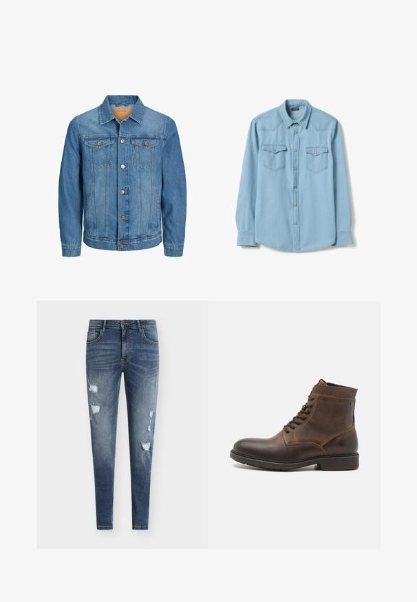 Blauwe denimjas voor heren met knoopsluiting aan de voorkant, twee klepzakken op de borst, twee steekzakken aan de zijkanten, een kraag en lange mouwen.; Lichtblauw denim overhemd met lange mouwen, kraag, drukknopen aan de voorkant en twee borstzakken met klep en druksluiting.; Skinny-fit blauwe spijkerbroek met versleten details, meerdere scheuren en een vervaagde wassing. Voorzien van een ontwerp met vijf zakken en riemlussen.; Jack & Jones JFWDELANEY BOOT - Veterboots - cognac