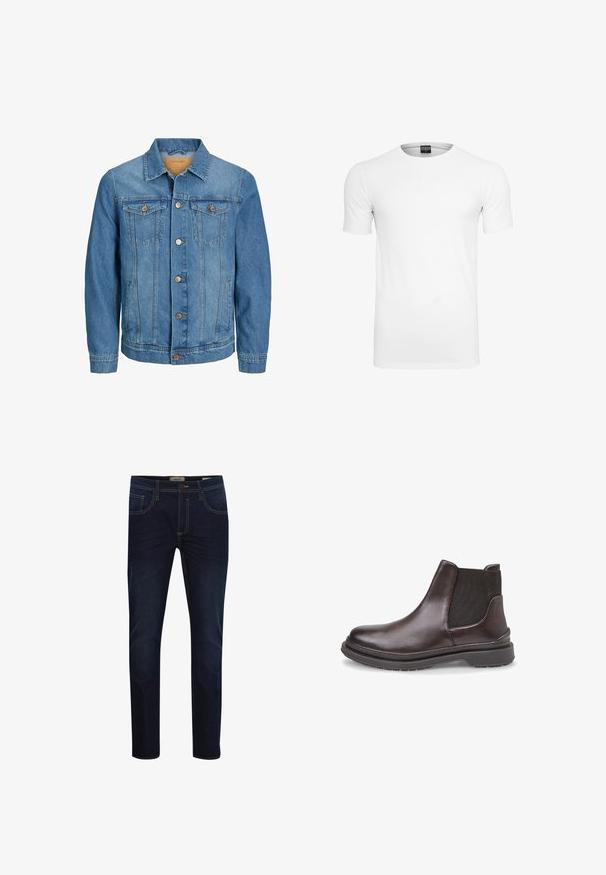 Chaqueta de mezclilla azul para hombre con cierre frontal de botones, dos bolsillos en el pecho con solapa, y dos bolsillos laterales, cuello y mangas largas.; Camiseta blanca de manga corta y cuello redondo sobre un fondo blanco, mostrando la vista frontal con la etiqueta de la marca visible dentro del cuello.; Pantalones vaqueros de mezclilla azul oscuro con un corte ajustado, que presentan costuras amarillas, diseño de cinco bolsillos y cierre de cremallera. Textura suave, corte moderno.; Bota Chelsea de cuero marrón con paneles laterales elásticos negros, puntera redondeada y suela de goma texturizada para mayor agarre. Acabado suave y diseño minimalista.