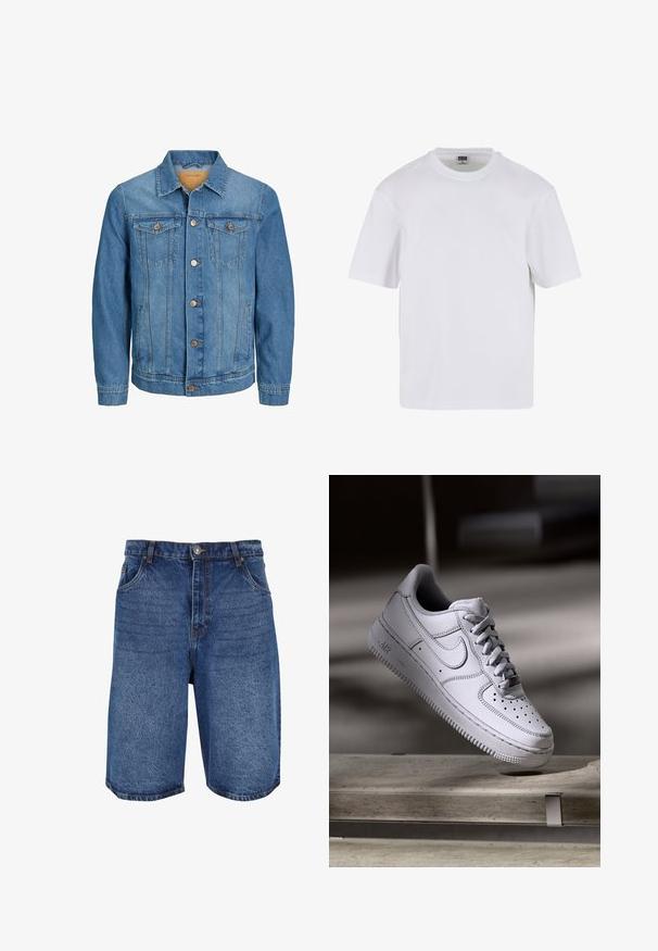 Mænds blå denimjakke med knaplukning foran, to brystlommer med klap og to sidelommer, krave og lange ærmer.; Hvid kortærmet t-shirt lavet af bomuld. Har en rund halsudskæring og en afslappet pasform. Glat tekstur, minimalistisk design, ingen mønstre eller accenter.; Denimshorts i mellemblå, med et klassisk design, fem lommer og en lynlås med knaplukning. Grov tekstur og lige pasform.; Hvid læder Nike Air Force 1 sneaker med perforeret tå, flade snørebånd og tekstureret gummisål med "AIR" branding på siden.