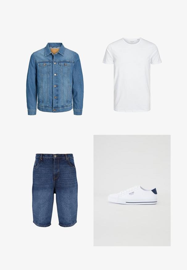 Meeste sinine teksajakk nööpidega ees, kahe rinnatasku kaanega ja kahe küljetaskuga, krae ja pikkade varrukatega.; Ümmarguse kaelusega lühikeste varrukatega T-särk, mis on puhtast valgest pehmest puuvillast, omab lihtsat disaini ilma nähtavate mustrite või aktsentideta.; Tumedatest sinises denimist lühikesed püksid, millel on tuhm viimistlus. Omab viit taskut, ees nupuga sulgemist ja õmblustega detailid pitsides.; Valged kangast tennisetossud, sinise kandilise aktsendiga, tasasest kummist tallaga, ümarate varvastega ja valgete paeltega. Küljel on logo.