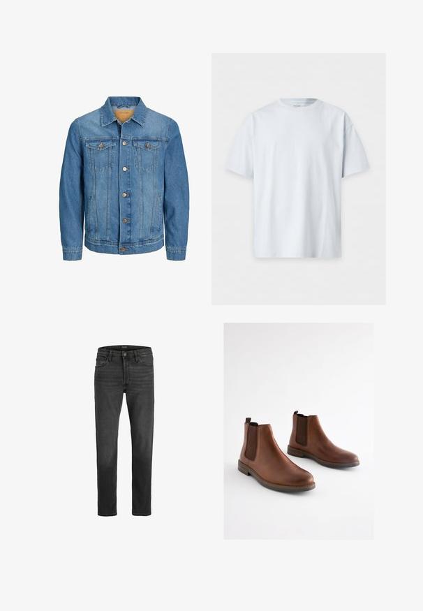 Mænds blå denimjakke med knaplukning foran, to brystlommer med klap og to sidelommer, krave og lange ærmer.; Enkel hvid t-shirt med korte ærmer og rund hals, lagt fladt på en hvid baggrund.; Sorte denim jeans med lige pasform, fem-lomme design og lynlås. Har diskret falmning og kontrastsyninger.; Brune læderankelstøvler med elastiske sidestykker, rundet tå og en lagdelt hæl. Glat tekstur med kontrasterende brune accenter.