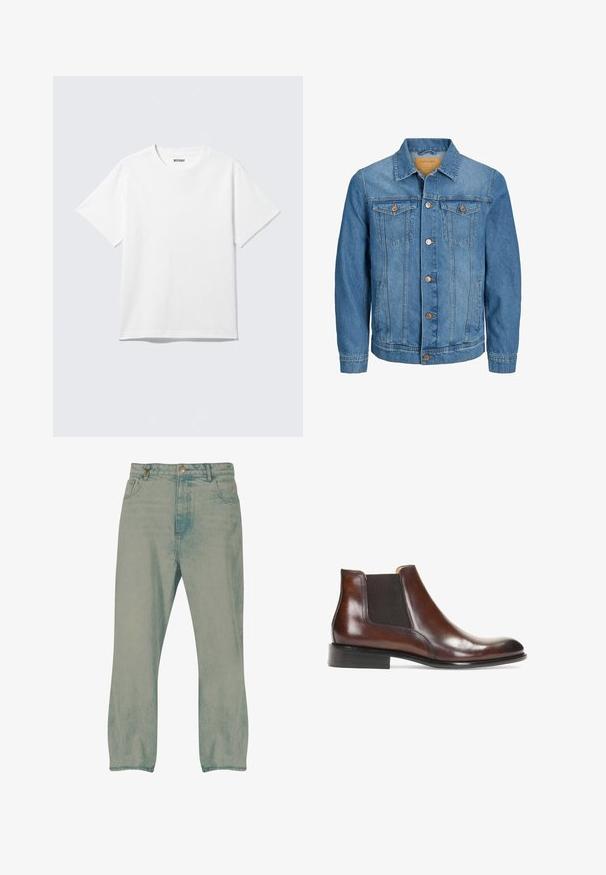 Veste en denim bleu pour homme avec fermeture boutonnée sur le devant, deux poches poitrine à rabat, deux poches latérales, col et manches longues.; T-shirt blanc à manches courtes et col rond, étalé à plat, design uni, avec l'étiquette "WEEKDAY" à l'intérieur du col sur un fond clair.; Jean droit bleu clair avec bouton à l'avant, passants pour ceinture et poches avant, présenté sur un fond blanc.; Bottine en cuir marron avec des panneaux latéraux élastiques, une finition lisse, des coutures décoratives et un talon rectangulaire bas.