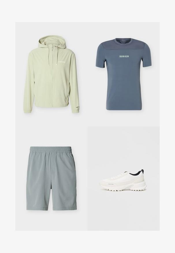 Veste à capuche Calvin Klein beige clair avec fermeture éclair intégrale à l'avant, cordons de serrage, poignets élastiques et logo discret sur la poitrine.; T-shirt masculin bleu à manches courtes avec panneau supérieur en mesh et logo "Calvin Klein" centré sur la poitrine.; Shorts décontractés pour homme de couleur gris clair avec ceinture élastique et poches latérales, présentés à plat sur fond blanc.; Baskets de sport blanches avec un dessus lisse et un col rembourré, présentant une semelle texturée distincte pour l'adhérence et un logo discret sur le côté.