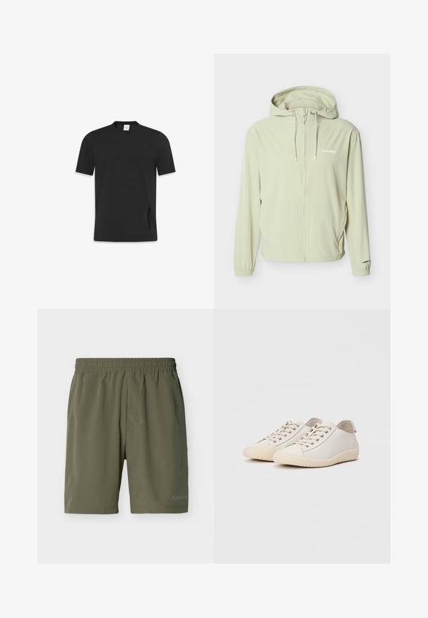 Lichtbeige Calvin Klein jas met capuchon, volledige ritssluiting aan de voorkant, trekkoorden, elastische manchetten en een subtiel logo op de borst.; Zwart kortge sleeve t-shirt van gladde katoen, met een klassieke ronde hals en een klein logo gedrukt aan de onderzijde.; Olijfgroene herenshorts met elastische tailleband en een discreet Calvin Klein-logo op het onderbeen links, effen ontwerp.; Witte sneakers van glad leer met ton-sur-ton stiksels, vetersluiting, ronde neus en een gestructureerde rubberen zool.