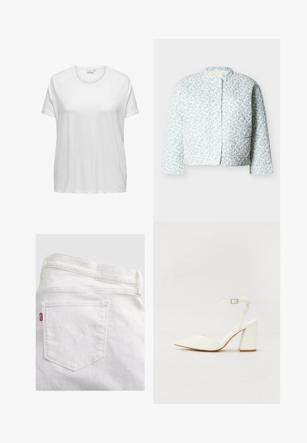 Quiltet cropped jakke med lange ærmer, lyseblåt blomsterprint, rund halsudskæring og to store forlommer foran.; Hvid bomulds t-shirt med rund halsudskæring og korte ærmer. Løs pasform med en glat tekstur og ingen synlige mønstre eller detaljer.; Hvide denim jeans med baglomme, synlige syninger, et Levi's rødt mærke og et svagt Levi's lædermærke på linningen.; Hvide hælede sandaler med spids tå, justerbar ankelrem og en kraftig firkantet hæl. Glat tekstur med minimale syninger.