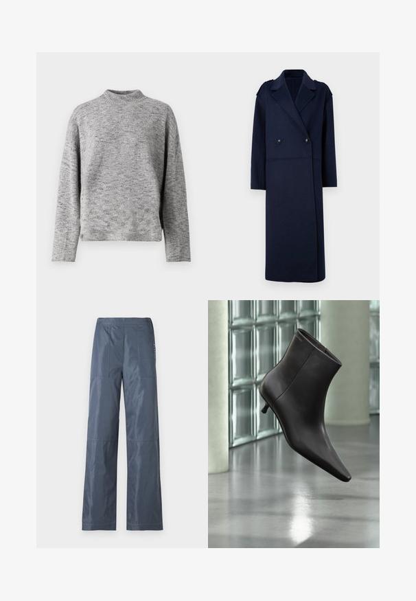 Manteau en mélange de laine bleu marine avec un devant double boutonnage, un col cranté et des manches longues. Il comporte deux boutons noirs et une coupe mi-longue.; Pull en maille gris clair avec un col montant, des manches longues et une coupe décontractée. Tissu texturé avec un motif légèrement moucheté.; Pantalons à jambes larges en gris foncé, en tissu lisse. Comprend deux poches avant et des détails cousus le long des coutures.; Bottine en cuir noir avec bout pointu et petit talon, présentée devant un mur en blocs de verre et un sol poli.