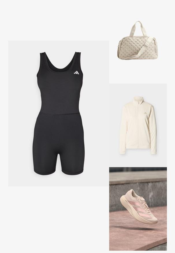 Veste zippée couleur crème avec col montant, manches longues, poches latérales, et logo Adidas discret sur le côté gauche de la poitrine.; Bodysuit de sport noir avec un design ajusté, sans manches et jambes courtes. Présente un col rond et un accent logo blanc sur la poitrine.; Baskets rose clair avec trois bandes rose foncé et des lacets, suspendues en l'air au-dessus d'une surface en pierre et des marches en arrière-plan.; Sac de voyage en tissu matelassé beige avec deux poignées courtes et une bandoulière ajustable, sur fond blanc.