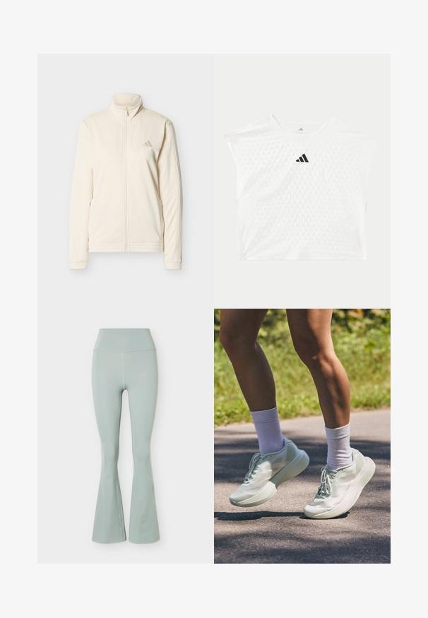 Kremfarvet lynlåstrøje med høj krave, lange ærmer, sidelommer og diskret Adidas-logo på venstre bryst.; Hvid Adidas kortærmet atletisk skjorte med tekstureret prikmønster og sort Adidas-logo centreret på brystet.; Lysegrønne leggings med høj talje og svinget ben, sømløs front og glat stoftekstur på en ensfarvet baggrund.; Lys mintgrønne atletiske sko med en glat tekstur, rund tå og tyk sål. Båret sammen med hvide ankelstrømper, vist i bevægelse på en sti.