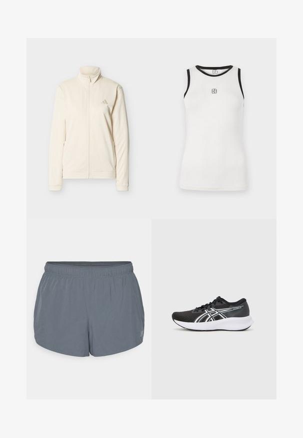 Kremfarvet lynlåstrøje med høj krave, lange ærmer, sidelommer og diskret Adidas-logo på venstre bryst.; Hvid ærmeløs tanktop med sort kant rundt om halsudskæringen og armhullerne. Har et lille sort logo foran. Blødt bomuldsstof.; Grå athletic shorts med en blød tekstur, elastisk talje og en let buet kant. Har små perforeringer for åndbarhed.; Sorte atletiske sko med en tekstureret mesh-overdel, hvide accenter og en polstret hvid sål. Har et logo på siden og snørebånd.