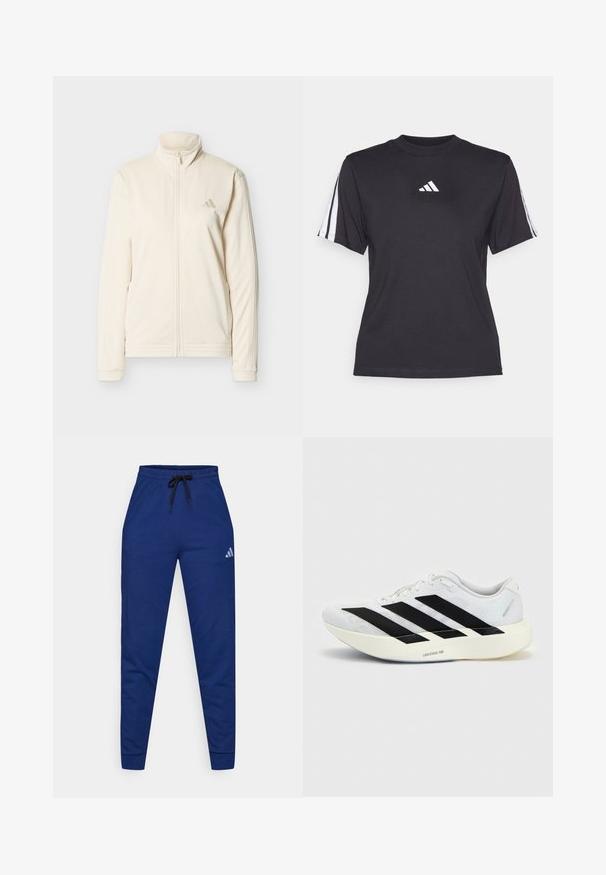 Kreemivärviline lukuga jope kõrge kraega, pikkade varrukatega, küljetaskutega ja peene Adidas logoga vasakul rinnal.; Must maal sport särk pehmest kangast, millel on ümmargune kaelus, lühikesed varrukad ja iga õla peal kolm valget triipu. Valge logo rinnal.; Sinisest puuvillast spordipüksid, millel on elastne vöökoht, reguleeritav must nöör ja väike valge logo vasakul reiel. Lähedane disain.; Valge jooksujalanõu musta kolme triibu disainiga küljel ja paksu valge tallaga, millel on silt "Lightstrike Pro" ühtlasel taustal.