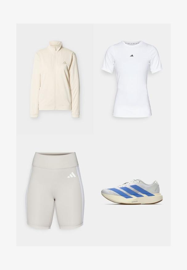 Veste zippée couleur crème avec col montant, manches longues, poches latérales, et logo Adidas discret sur le côté gauche de la poitrine.; T-shirt de sport blanc à manches courtes, fabriqué en tissu lisse et extensible. Doté d'un petit logo noir Adidas sur la poitrine.; Shorts de sport beiges avec une taille haute, texture lisse, trois rayures blanches sur les côtés et un petit logo blanc à l'avant.; Chaussure de course blanche avec trois bandes bleues, semelle épaisse beige clair marquée "Lightstrike Pro," et lacets blancs sur un fond uni.