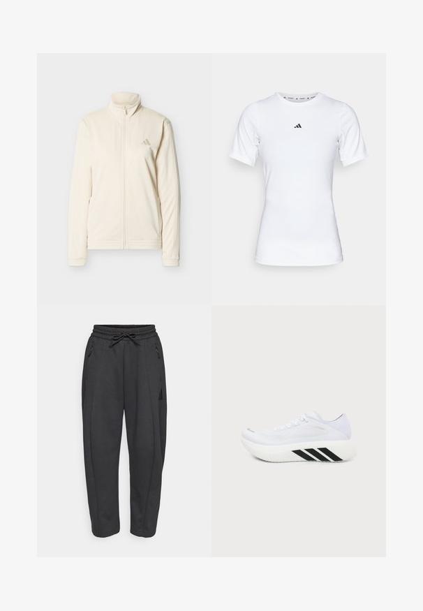 Kremfarvet lynlåstrøje med høj krave, lange ærmer, sidelommer og diskret Adidas-logo på venstre bryst.; Hvid atletisk skjorte med korte ærmer, lavet af glat, strækbart stof. Har et lille sort Adidas-logo på brystet.; Sorte træningsbukser med elastisk talje, snor, sidelommer med lynlås og tapered ben. Fremstillet af et blødt, struktureret stof.; Hvid atletiksko med tyk sål, sorte diagonale striber på mellemsålen, mesh overdel og snørebånd, vist fra siden mod en ensfarvet baggrund.