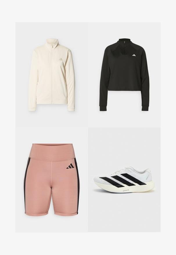 Krémovo sfarbená bunda na zips s vysokým golierom, dlhými rukávmi, bočnými vreckami a nenápadným logom Adidas na ľavej hrudi.; Čierny pulóver s krátkym zipsom, vyrobený z hladkého materiálu, dlhé rukávy, s vysokým golierom a bielym logom na ľavej hrudi.; Ružové športové šortky s vysokým pásom, vyrobené z elastického materiálu. Obsahujú čierne bočné pruhy a logo Adidas na ľavej strane.; Biela bežecká topánka s čiernym dizajnom so tromi pruhmi na boku a hrubou bielou podrážkou označenou "Lightstrike Pro" na jednofarebnom pozadí.