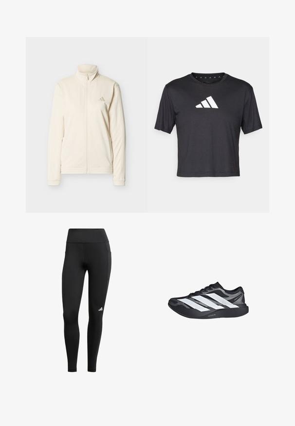 Kreemivärviline lukuga jope kõrge kraega, pikkade varrukatega, küljetaskutega ja peene Adidas logoga vasakul rinnal.; Mustade lühikeste varrukatega crop t-särk sileda kangaga, millel on rindkerel valge Adidas'i logo, ümmargune kaelus.; Mustad mustriga säärised kõrge vöökoha ja veniva kangaga; küljes on tasku ja hemist lähedal väike valge logo.; Must ja hall jooksujalats kolme suure valge triibuga küljes ja paks must talla osa, millel kiri "Lightstrike Pro".
