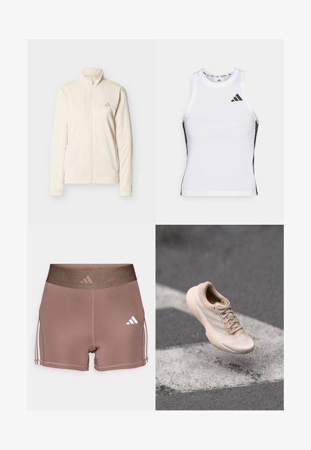 Kremfarvet lynlåstrøje med høj krave, lange ærmer, sidelommer og diskret Adidas-logo på venstre bryst.; Hvid athletic tanktop med sorte sideaccentuer og logo. Har en scoop-neckline og tætsiddende design, lavet af letvægts, åndbart materiale.; Brune træningsshorts med en bred, tekstureret talje. Har hvide tre-stribede accenter langs siderne og et lille hvidt logo.; Beige atletiksko med en struktureret overdel, glat sål og rosa accenter. Har perforeringer for åndbarhed og flade snørebånd.