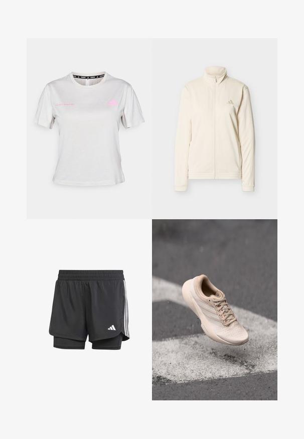 Cremefarbene Jacke mit Reißverschluss, hohem Kragen, langen Ärmeln, Seitentaschen und dezentem Adidas-Logo auf der linken Brust.; Hellgraues kurzärmliges T-Shirt mit Rundhalsausschnitt, bedruckt mit "ADIDAS RUNNING" in Pink und pinkem Adidas-Logo auf der Brust. Weicher Stoff.; Schwarze Sportshorts mit innerer Schicht, elastischem Bund und drei weißen Streifen an den Seiten, mit einem kleinen weißen Logo. Glatte Textur.; Beiger Sportschuh mit einer strukturierten Oberseite, glatter Sohle und rosa Farbakzenten. Verfügt über Belüftungsperforationen und flache Schnürsenkel.