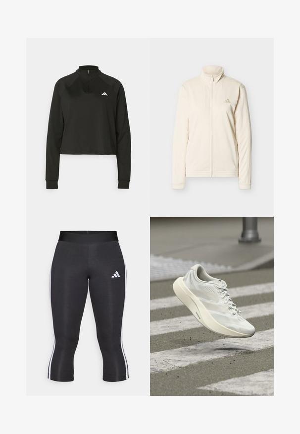Veste zippée couleur crème avec col montant, manches longues, poches latérales, et logo Adidas discret sur le côté gauche de la poitrine.; Pull-over noir à zip quart, en tissu lisse, avec des manches longues, présentant un col haut et un logo blanc sur la poitrine gauche.; Leggings capri noirs avec une large taille, présentant des rayures blanches sur les côtés et un logo Adidas blanc sur la cuisse gauche. Texture lisse.; Chaussure de sport blanche en l'air au-dessus d'un passage piéton sur une rue en asphalte gris avec de petits débris éparpillés en dessous.