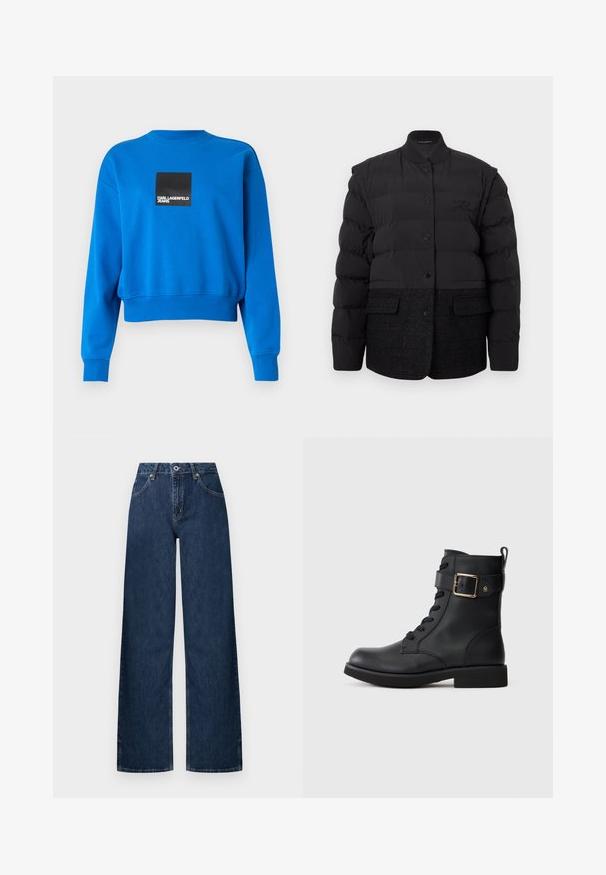 Schwarze Steppjacke mit einem gesteppter Oberteil und einem unteren Abschnitt aus Wollmischung. Die Jacke verfügt über einen Kragen, Knopfverschluss und Fronttaschen.; Gekürzter blauer Sweatshirt aus weichem Stoff, mit einem schwarzen Quadrat-Logo und weißen Text, gerippten Bündchen und Halsausschnitt.; Weit geschnittene Jeans aus dunklem Denim. Mit klassischem Fünf-Taschen-Design, Knopfverschluss und dezentem Ausbleichen an den Knien.; Schwarze Leder-Stiefelette mit schnürbarem Vorderteil, breitem Riemen mit goldfarbener Schnalle und Schlaufe zum Hochziehen an der Rückseite vor einem schlichten hellen Hintergrund.