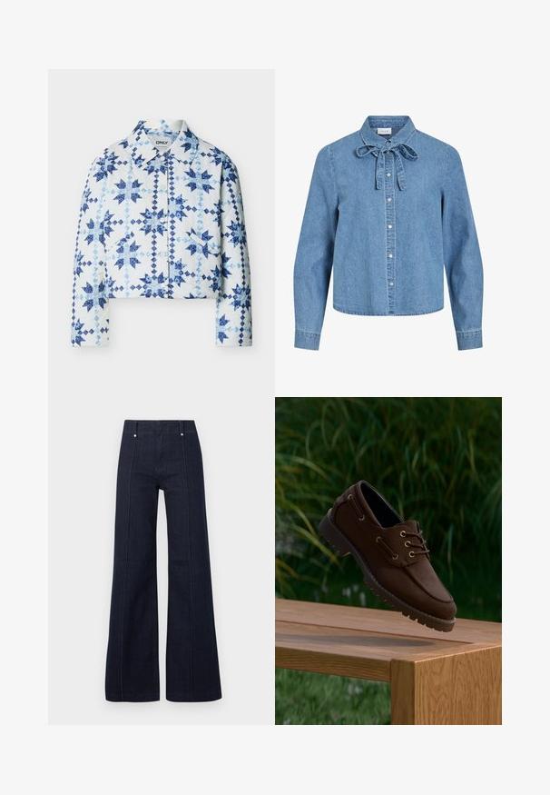 Veste blanche matelassée avec boutons-pression, présentant des motifs de patchwork en formes d'étoiles bleues et de diamants, avec un col.; Chemise en denim bleu clair à manches longues avec des boutons-pression argentés sur le devant et un nœud noué au col.; Jean bleu foncé taille haute à jambes larges avec coutures devant et passants pour ceinture sur un fond clair uni.; Chaussure bateau en cuir marron à semelle robuste suspendue au-dessus d'un banc en bois, sur fond de feuillage vert extérieur.