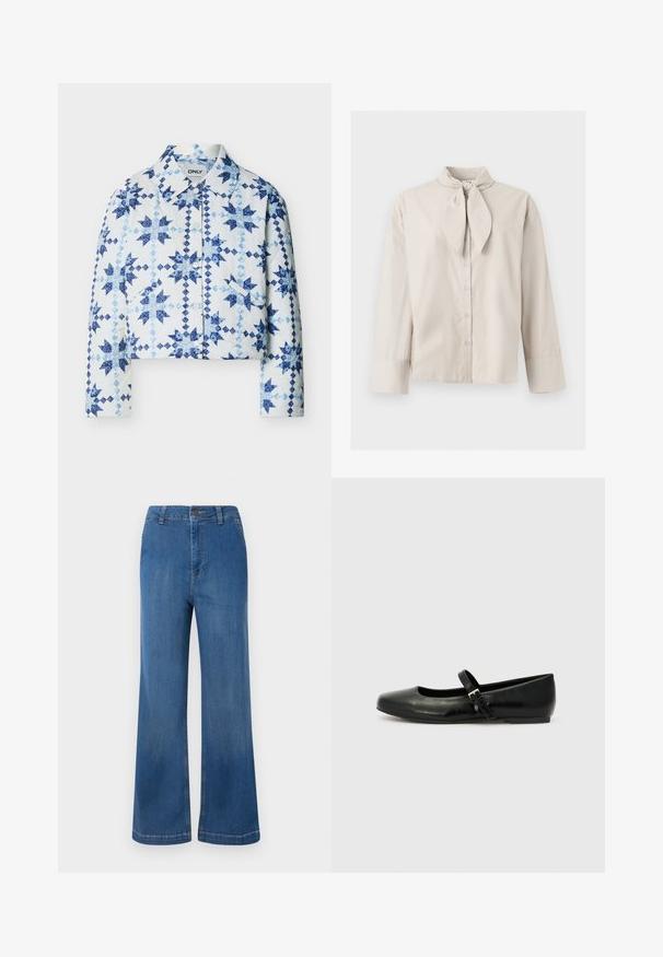 Veste blanche matelassée avec boutons-pression, présentant des motifs de patchwork en formes d'étoiles bleues et de diamants, avec un col.; Blouse beige à manches longues avec boutons, détail noué au niveau du col et larges poignets aux manches, présentée sur un fond clair uni.; Jeans en denim bleu à jambe large avec taille haute, dotés d'une fermeture à bouton, de cinq poches et d'une texture délavée.; Ballerines en cuir noir avec un bout arrondi, une semelle plate et une fine sangle ajustable sur le cou-de-pied avec une boucle en métal.